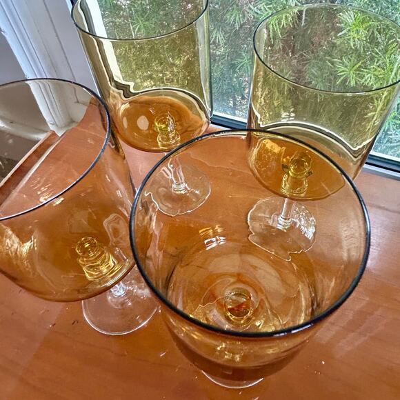 Vintage Amber Stemmed Glasses Set of 4 – Mid-Century Modern Cylindrical Goblets - Picture 6 of 16
